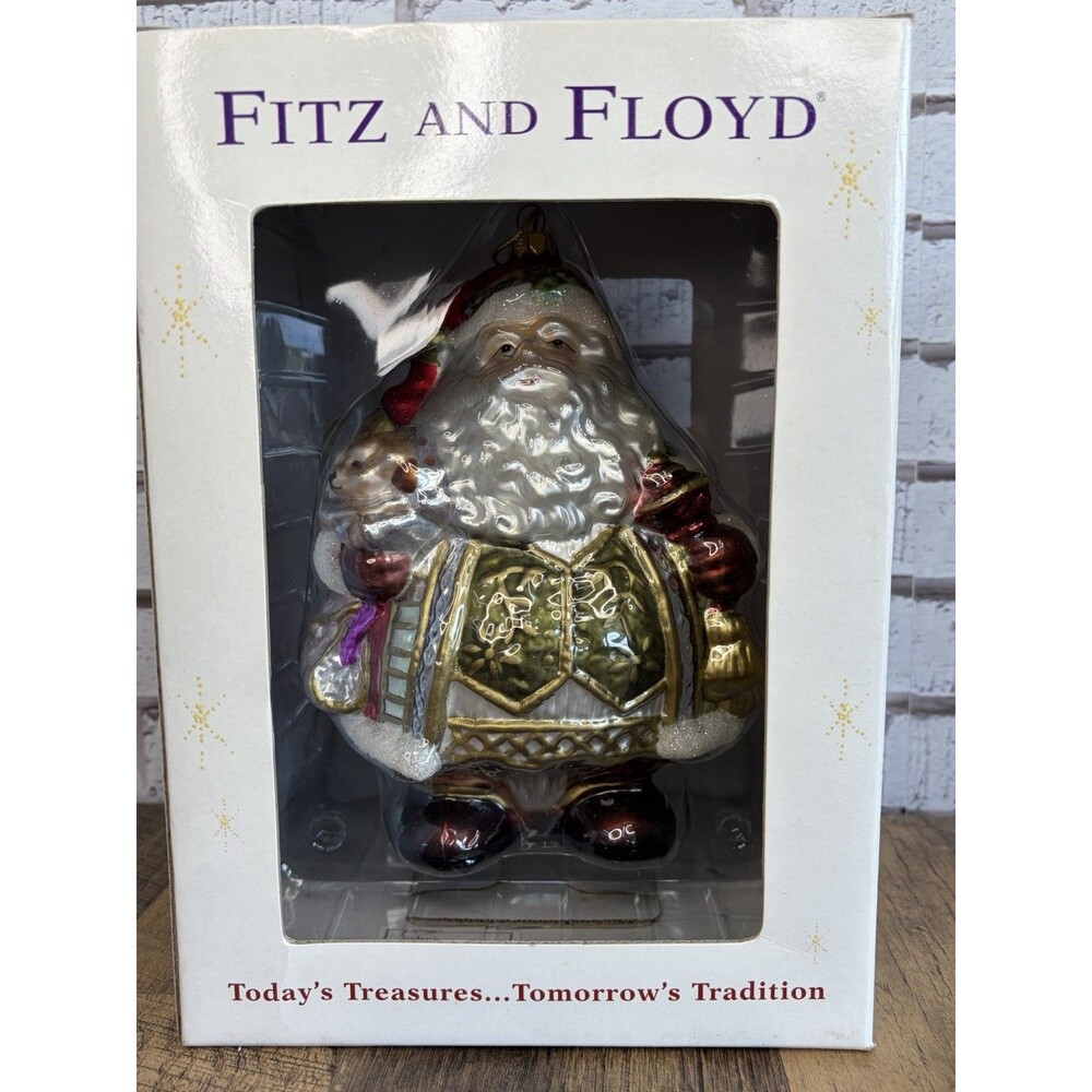 Fitz & Floyd Blown Glass Large Ornament Jolly St Nick Santa New 7”